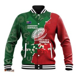 Custom Tonga And Australia Rugby Baseball Jacket Mate Maa Tongan Ngatu Mix Kangaroos Aboriginal