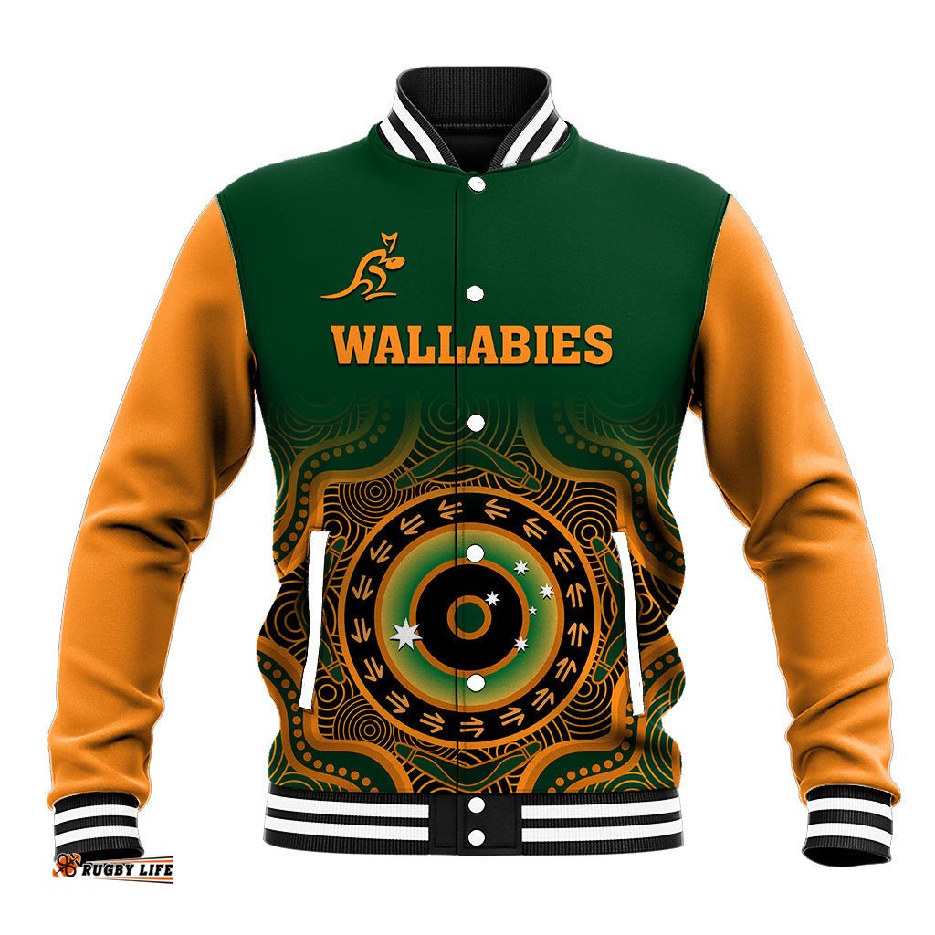 Custom Text And Number Wallabies Rugby Baseball Jacket Aussie Go Champions Indigenous Green