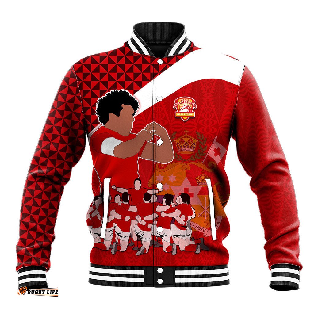 Personalised Tonga Rugby Baseball Jacket Sipi Tau Dance Coat of Arms Ngatu Pattern