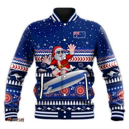 Custom Text and Number Australia Christmas Baseball Jacket Aussie Aboriginal Santa Claus is Surfing with Kangaroo