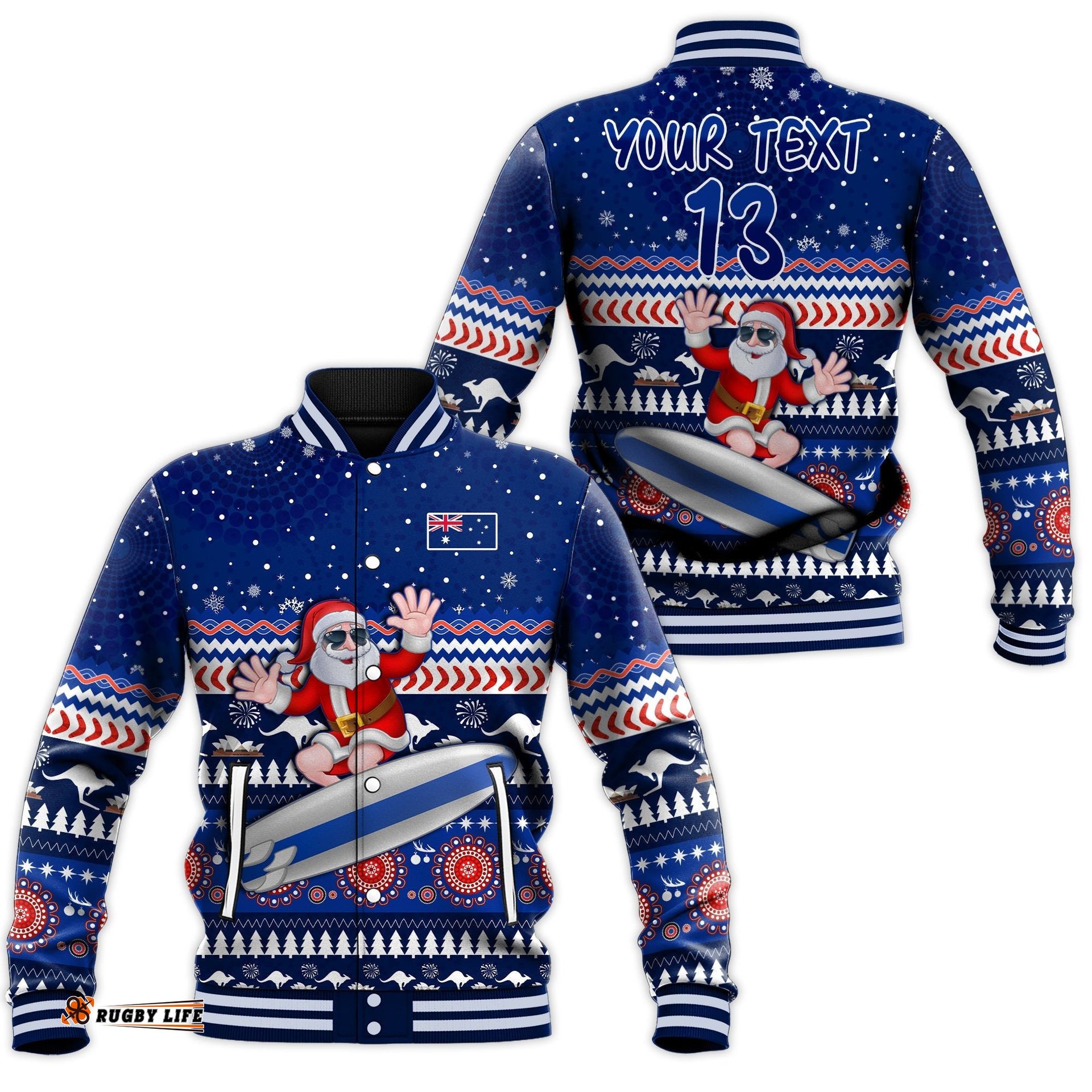 Custom Text and Number Australia Christmas Baseball Jacket Aussie Aboriginal Santa Claus is Surfing with Kangaroo