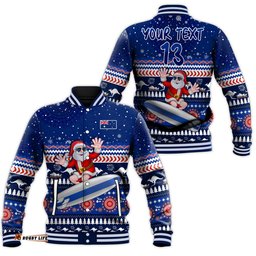 Custom Text and Number Australia Christmas Baseball Jacket Aussie Aboriginal Santa Claus is Surfing with Kangaroo
