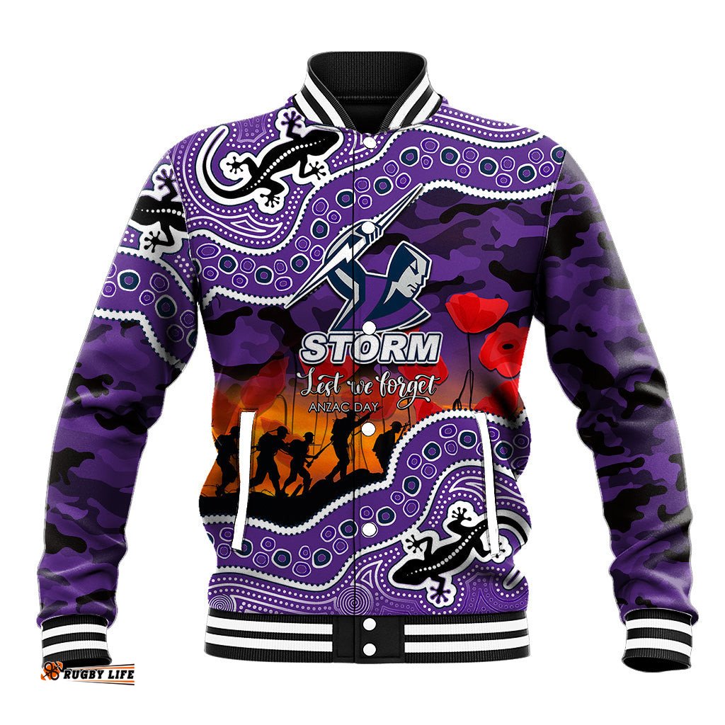 Custom Personalised Anzac Day NRL - Storm Baseball Jacket Aboriginal Lizard Patterns