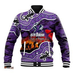 Custom Personalised Anzac Day NRL - Storm Baseball Jacket Aboriginal Lizard Patterns