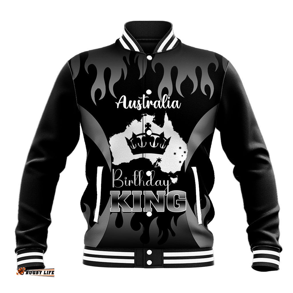 Personalised Australia King Birthday Baseball Jacket Australian Map With Crown Black Version