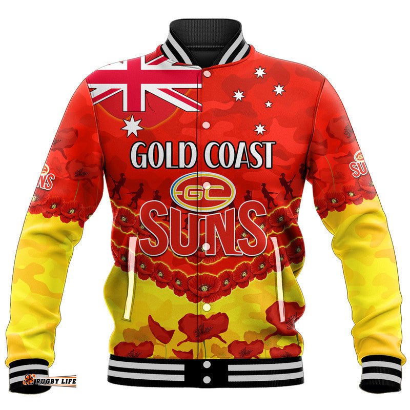 Custom Personalised Suns Football ANZAC Baseball Jacket Lest We Forget