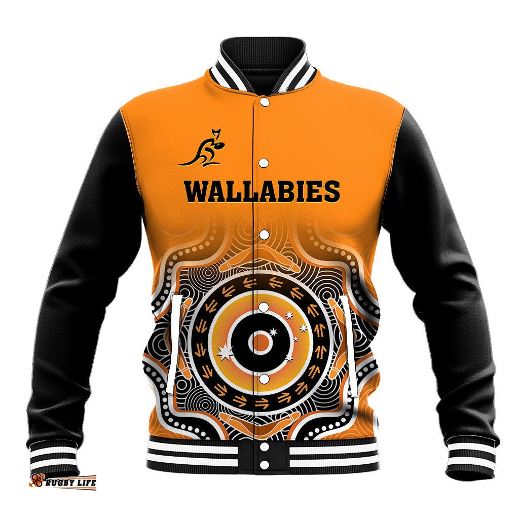 Custom Text And Number Wallabies Rugby Baseball Jacket Aussie Go Champions Indigenous Orange