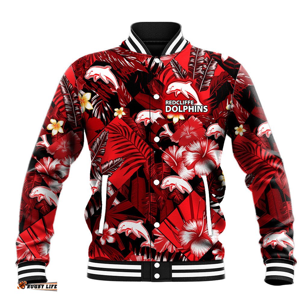 Dolphins Rugby Baseball Jacket Fashion Tropical Jungle Flowers
