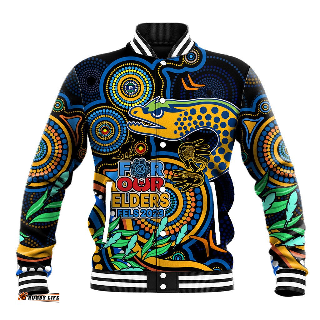 Custom Eels Rugby Aboriginal Art Baseball Jacket NAIDOC Indigenous Tribal