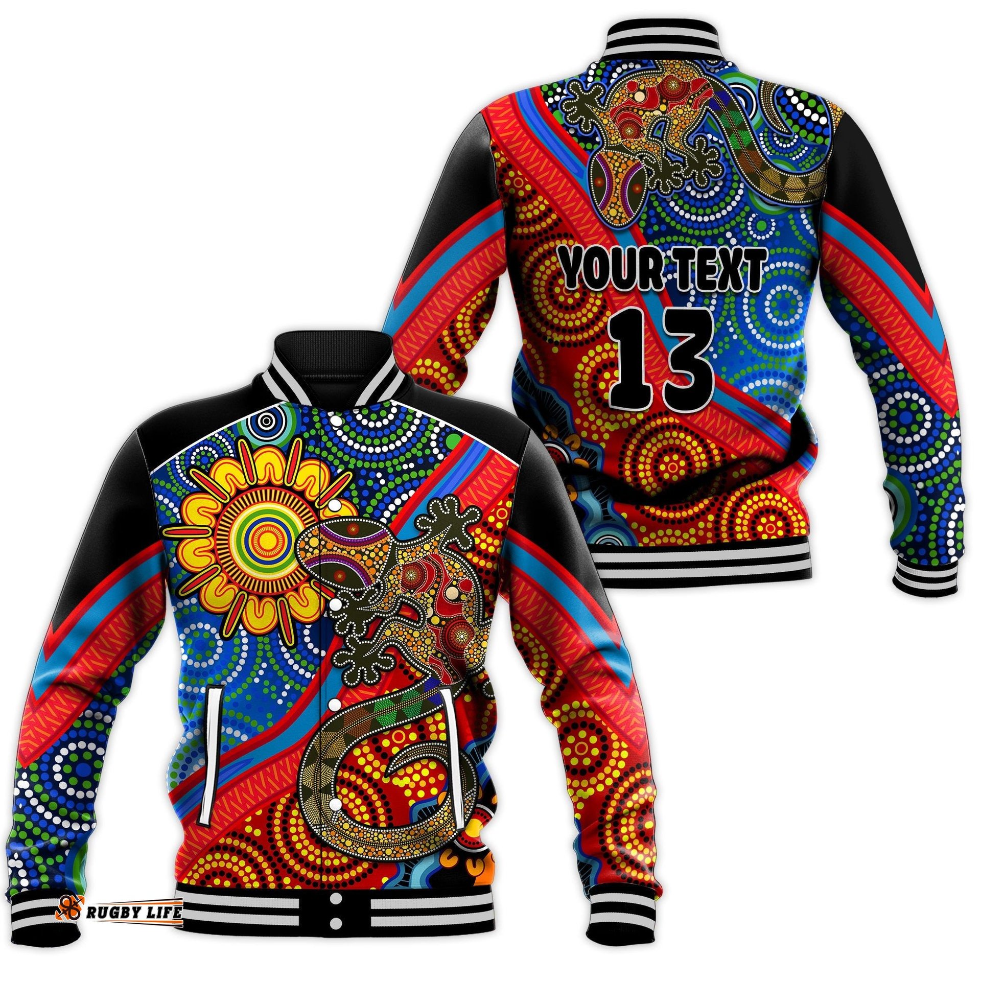 Custom Text and Number Australia Lizard and Sun Baseball Jacket Aboriginal Art Speical