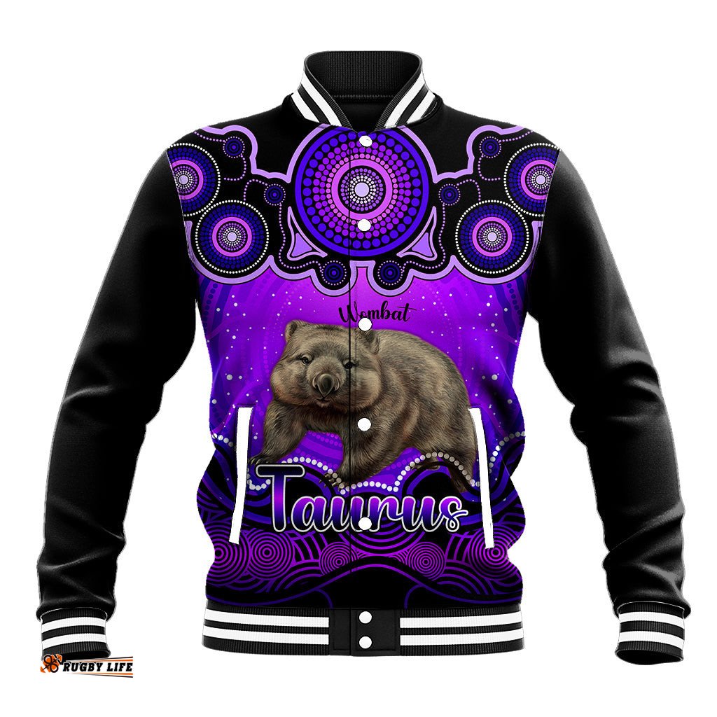 Personalised Australia Taurus Wombat Zodiac Baseball Jacket Auz Astrology Aboriginal - Purple