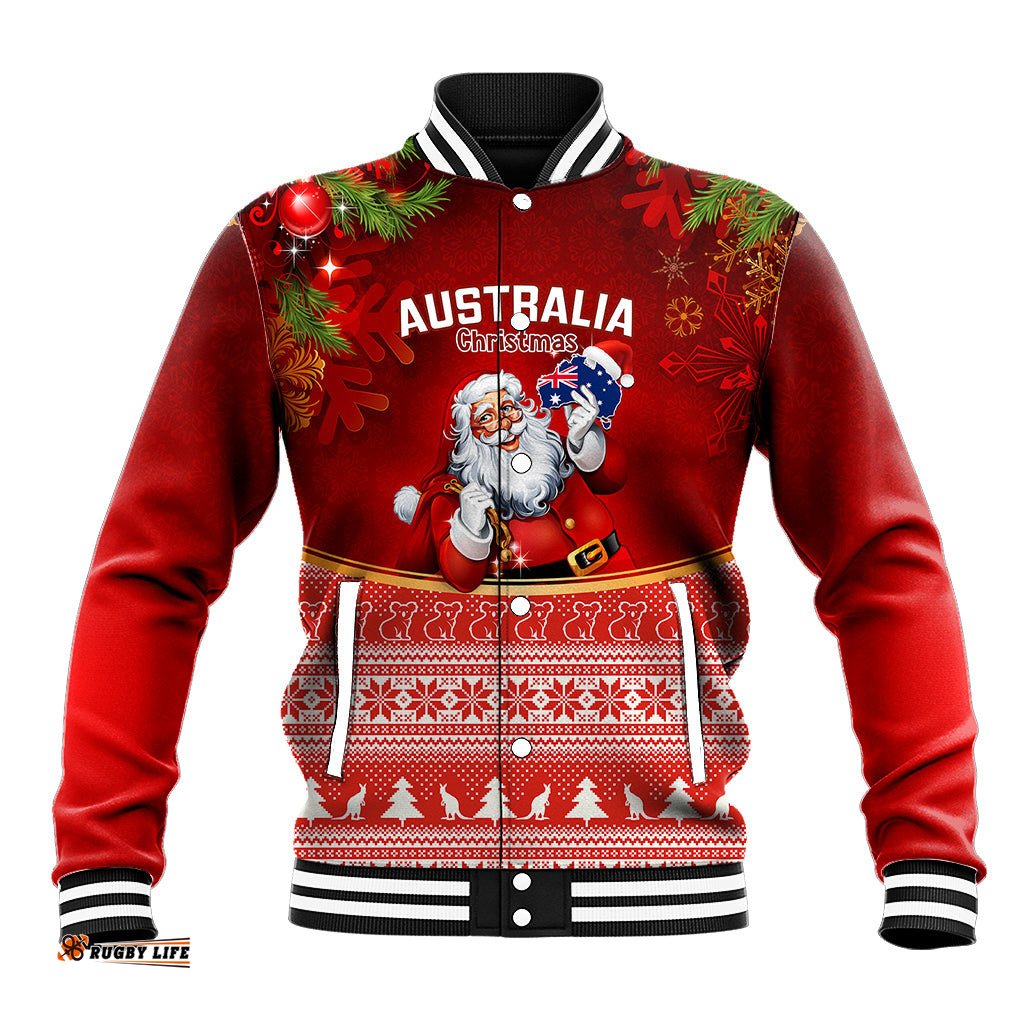 Australia Christmas Baseball Jacket Xmas In July Happy Santa Claus With Map Red Style