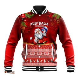 Australia Christmas Baseball Jacket Xmas In July Happy Santa Claus With Map Red Style