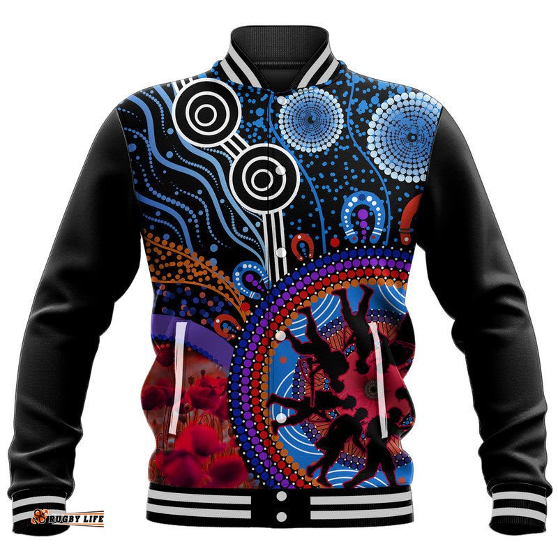 Custom Personalised Australia ANZAC Day Baseball Jacket Aboriginal Military and Poppy Flowers Style