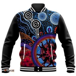 Custom Personalised Australia ANZAC Day Baseball Jacket Aboriginal Military and Poppy Flowers Style
