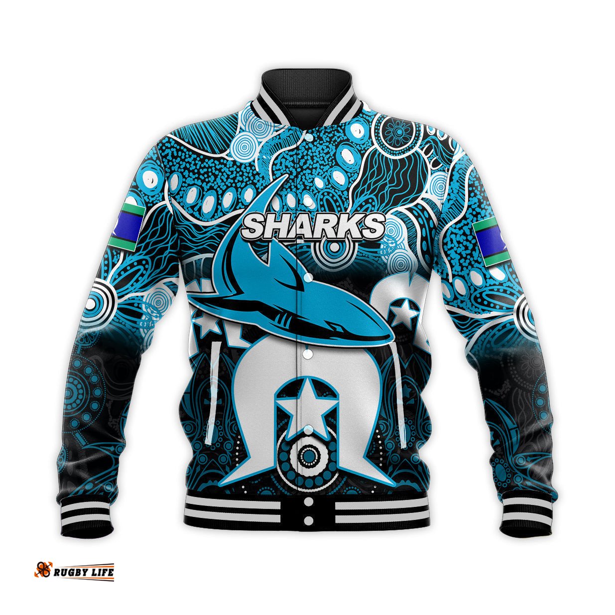 Custom Personalised Sharks Torres Strait Islanders Mix Aboriginal Baseball Jacket