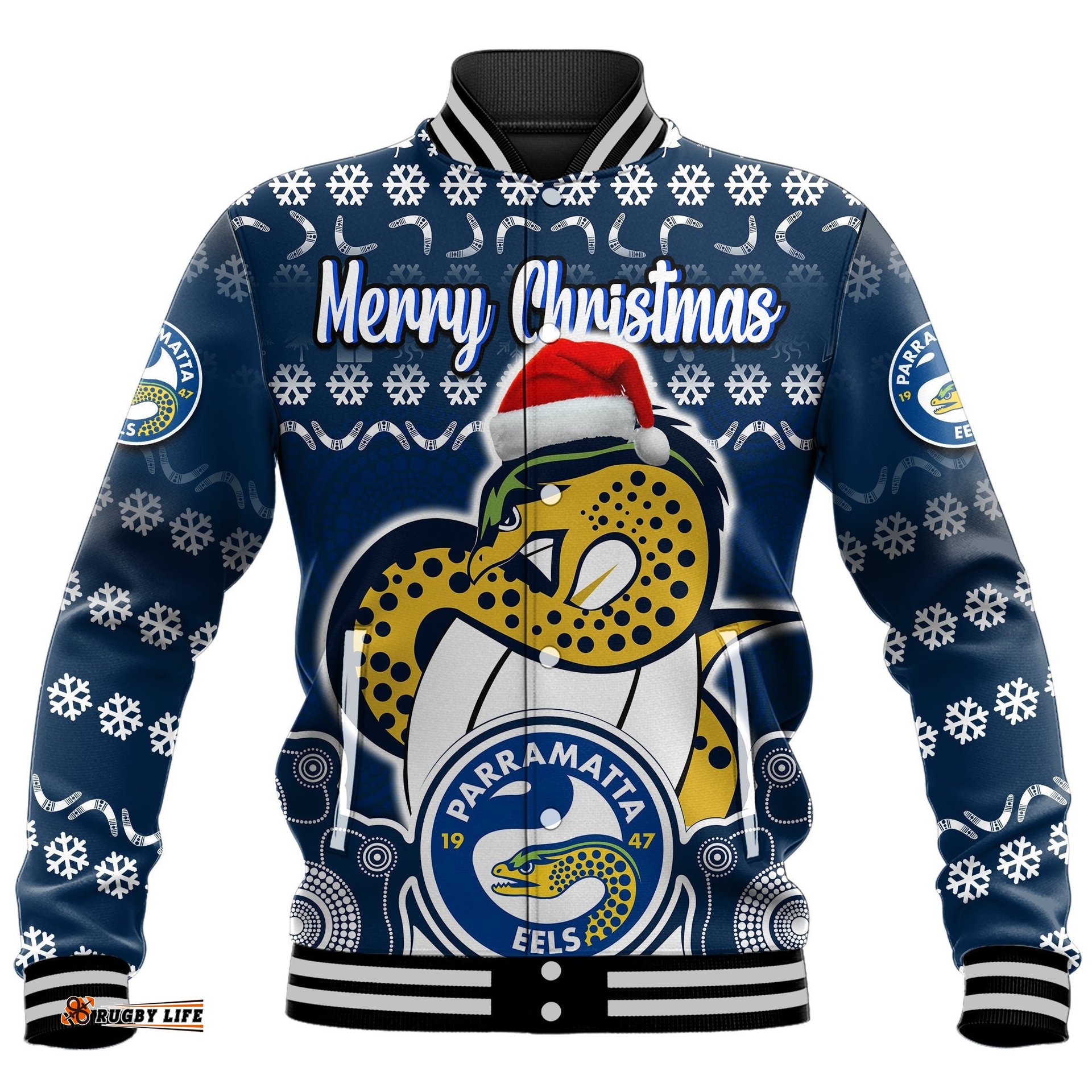 Custom Personalised Parramatta Eels Christmas Vibe With Aboriginal Dot Panting Style Baseball Jacket