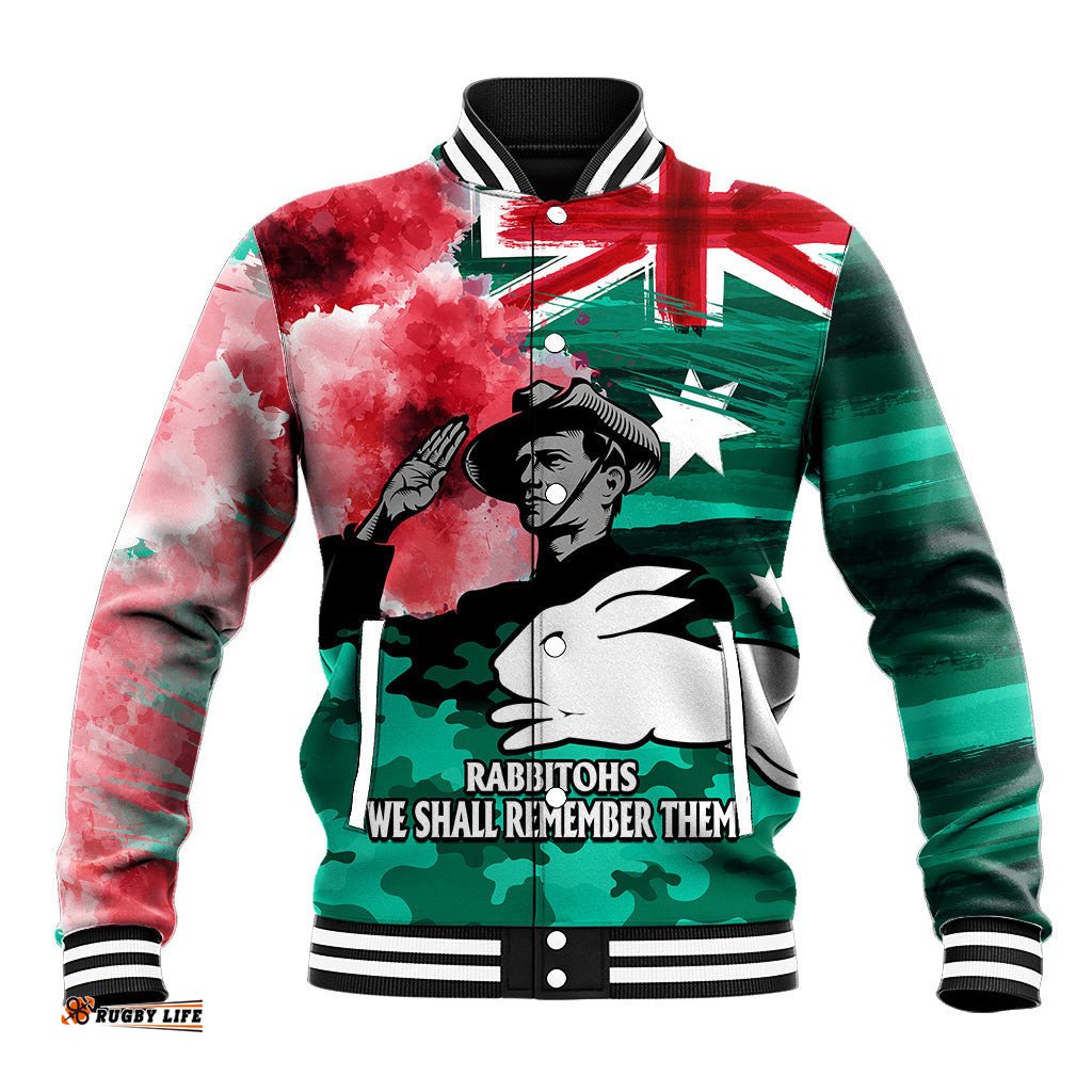 ANZAC Rabbitohs Rugby Baseball Jacket We Shall Remember