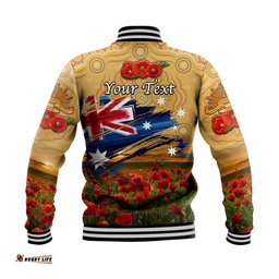 Custom Personalised Australia Aboriginal ANZAC Baseball Jacket Poppy Vibes - Gold