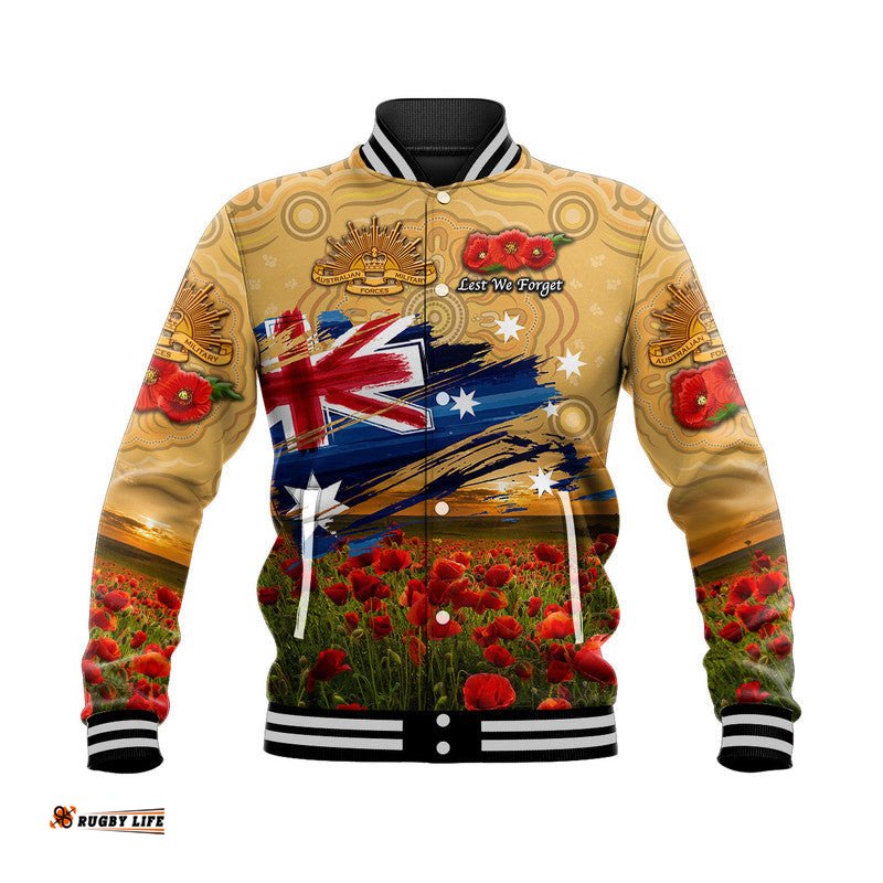 Custom Personalised Australia Aboriginal ANZAC Baseball Jacket Poppy Vibes - Gold