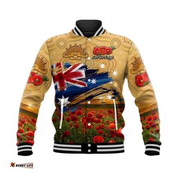 Custom Personalised Australia Aboriginal ANZAC Baseball Jacket Poppy Vibes - Gold