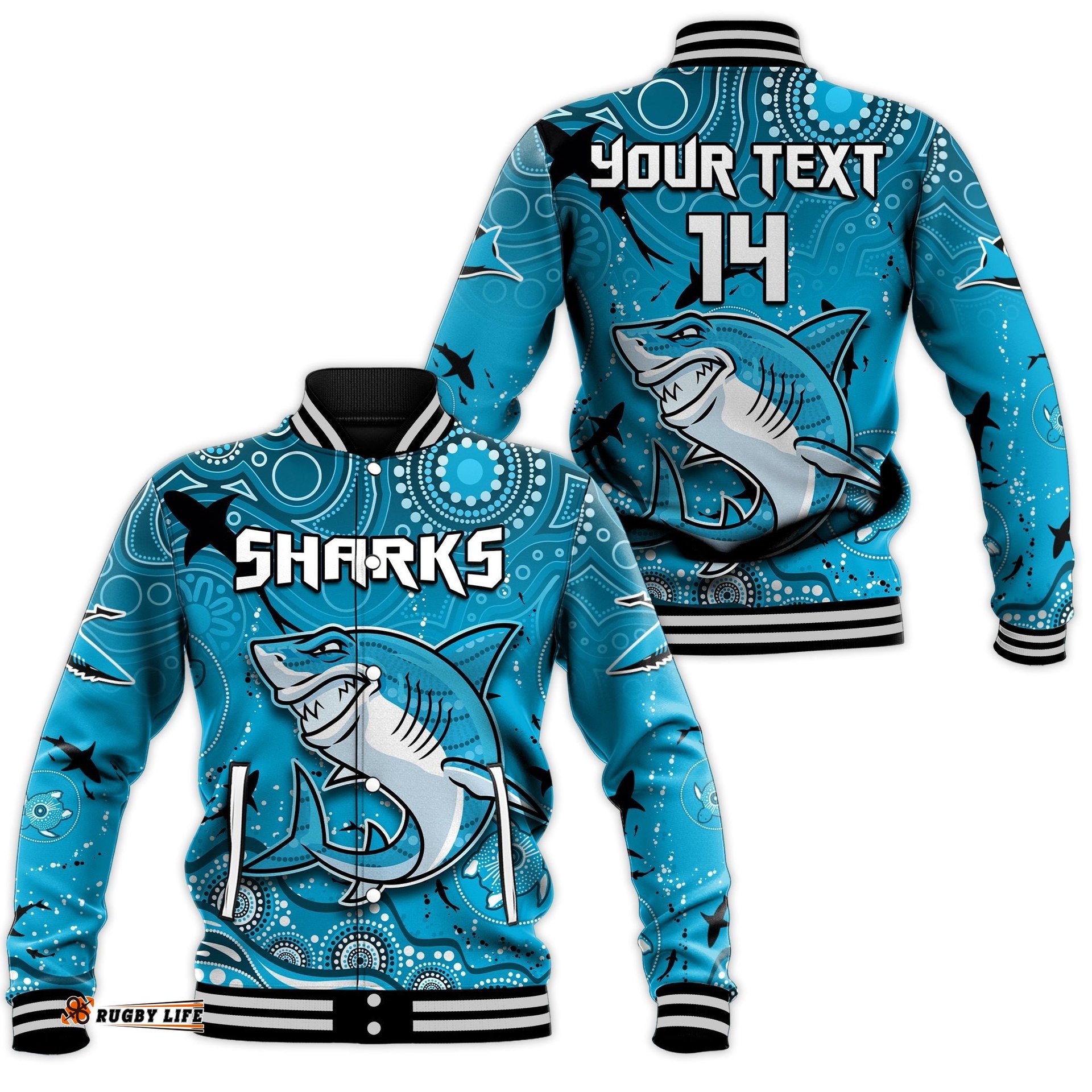 Custom Text And Number Sharks Rugby Baseball Jacket Go Sharkies Aboriginal Special Version Ver.03