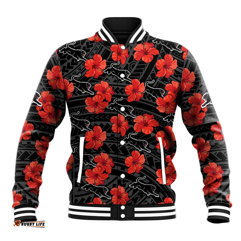 Panthers Rugby Baseball Jacket Polynesian Style With Hibiscus