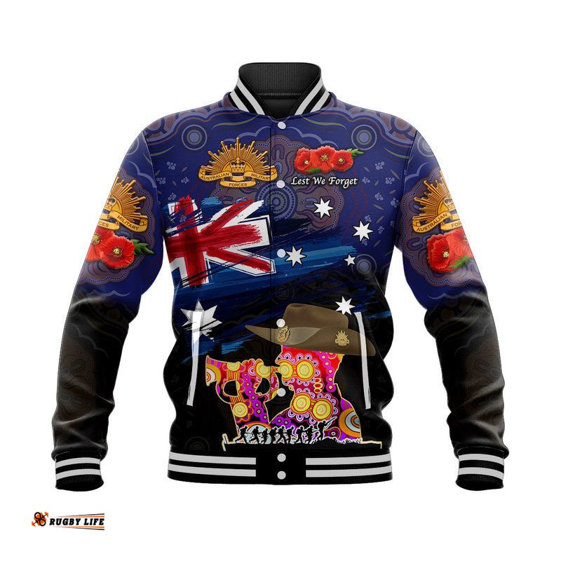 Australia Aboriginal ANZAC Baseball Jacket Remembrance Vibes - Navy