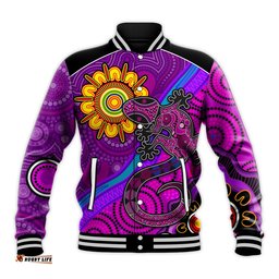 Australia Lizard and Sun Baseball Jacket Aboriginal Art Purple