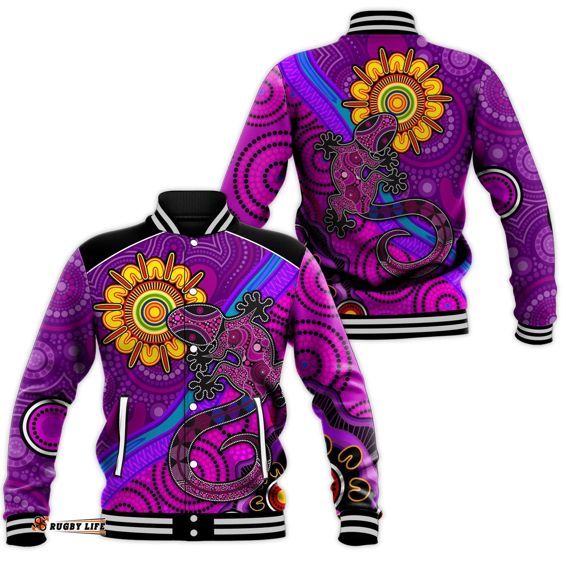 Australia Lizard and Sun Baseball Jacket Aboriginal Art Purple