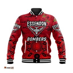 Custom Personalised Essendon Bombers ANZAC Baseball Jacket Indigenous Vibes - Red