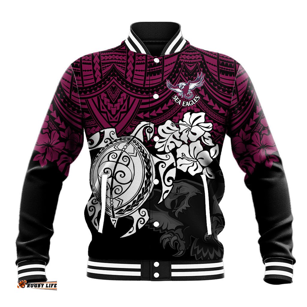 Custom Sea Eagles Rugby Baseball Jacket Silvertails Hibiscus and Turtle With Polynesian Pattern