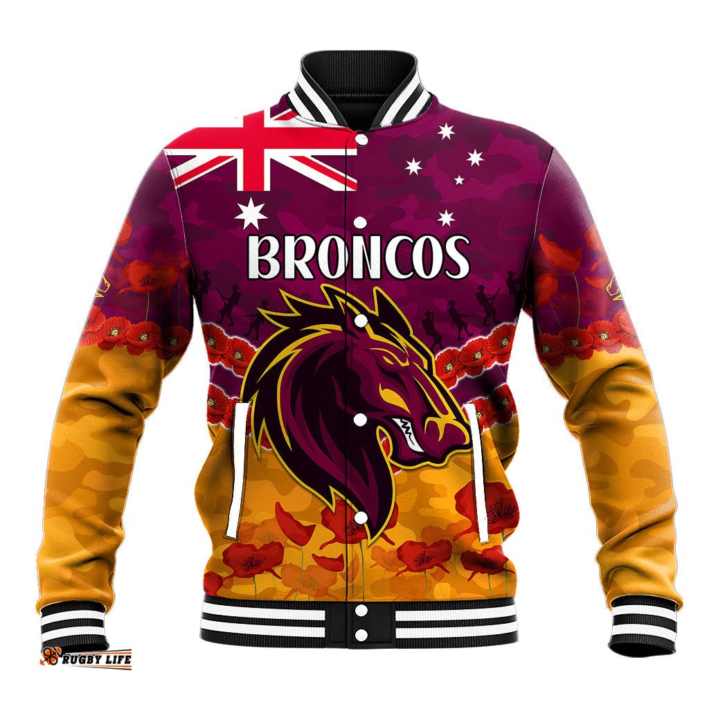 Custom Text And Number Broncos Rugby ANZAC Baseball Jacket Lest We Forget