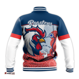 Custom Personalised RooSTERS Baseball Jacket - White Aboriginal Rugby