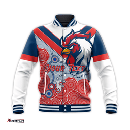 Custom Personalised RooSTERS Baseball Jacket - White Aboriginal Rugby