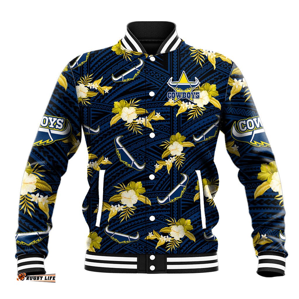 Custom Text And Number Cowboys Rugby Baseball Jacket Polynesian Tribal Mix Tropical Hawaiian Blue Style