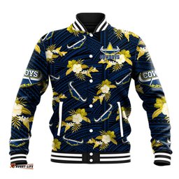 Custom Text And Number Cowboys Rugby Baseball Jacket Polynesian Tribal Mix Tropical Hawaiian Blue Style