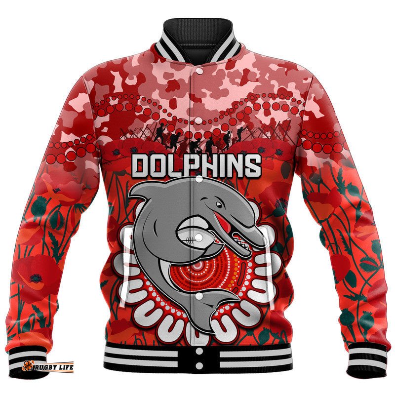 Custom Personalised Dolphins Rugby ANZAC Baseball Jacket Camouflage Poppy