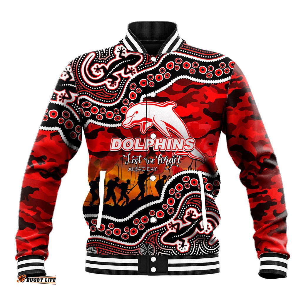 Custom Personalised Anzac Day NRL - Dolphins Baseball Jacket Aboriginal Lizard Patterns