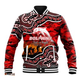 Custom Personalised Anzac Day NRL - Dolphins Baseball Jacket Aboriginal Lizard Patterns