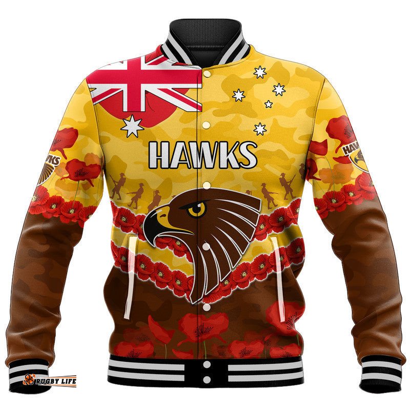 Custom Personalised Hawks Football ANZAC Baseball Jacket Lest We Forget