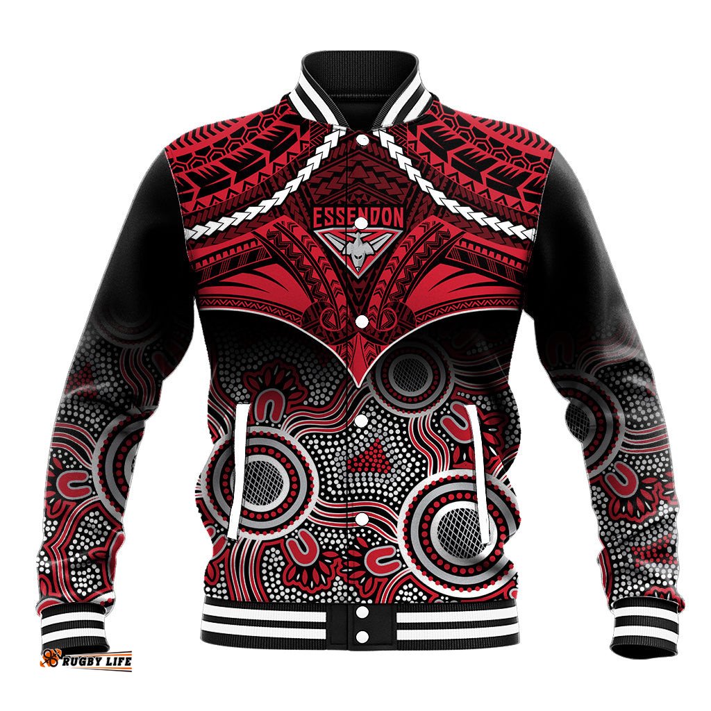 Personalised Essendon Football Baseball Jacket Bombers Aboriginal Mix Polynesian Pattern