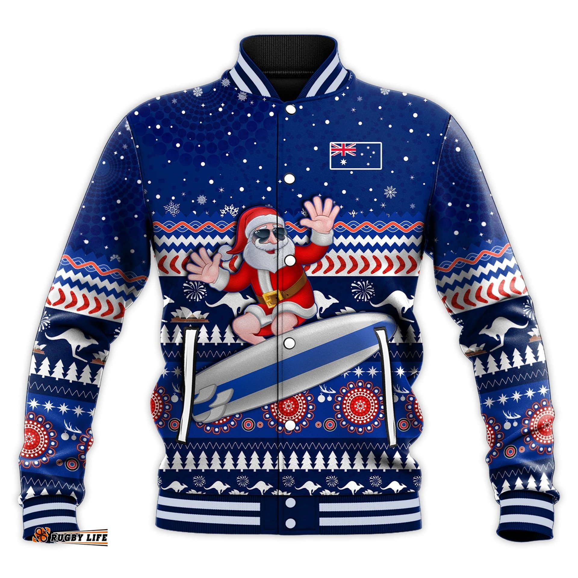 Australia Christmas Baseball Jacket Aussie Aboriginal Santa Claus is Surfing with Kangaroo