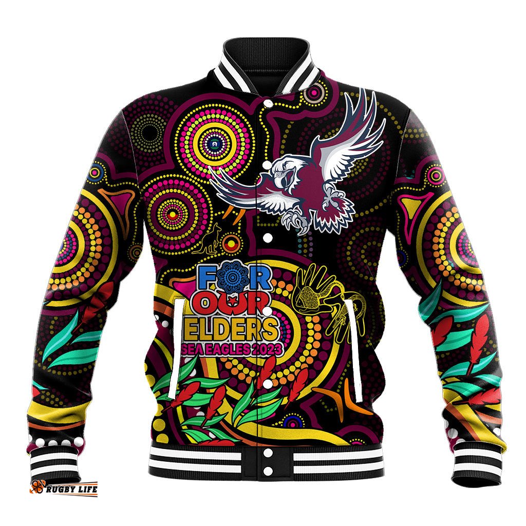 Custom Sea Eagles Rugby Aboriginal Art Baseball Jacket NAIDOC Indigenous Tribal