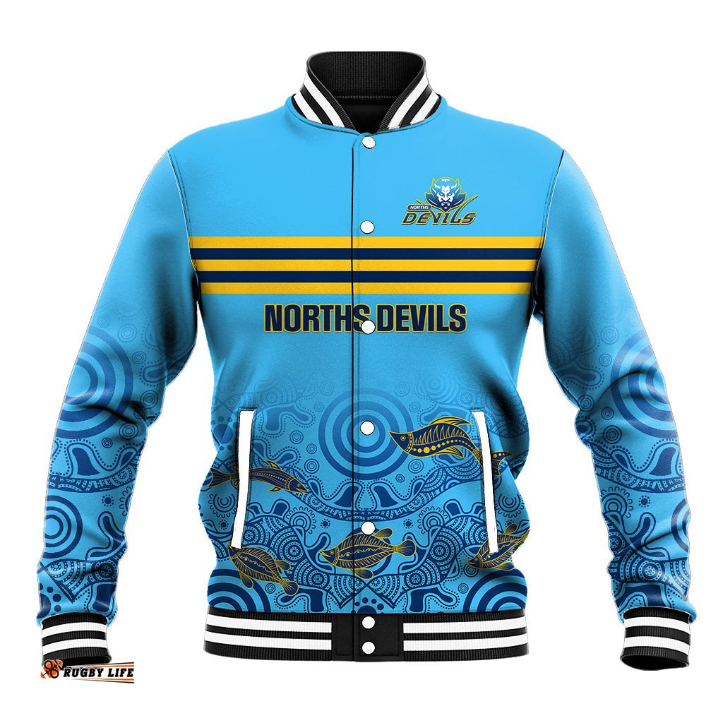 Personalised Australia Rugby Baseball Jacket Norths Devils Indigenous Art
