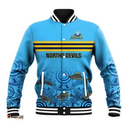 Personalised Australia Rugby Baseball Jacket Norths Devils Indigenous Art