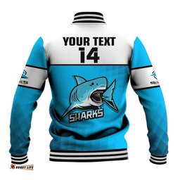 Personalised Sharks Rugby Baseball Jacket Go Sharkies Sporty Version