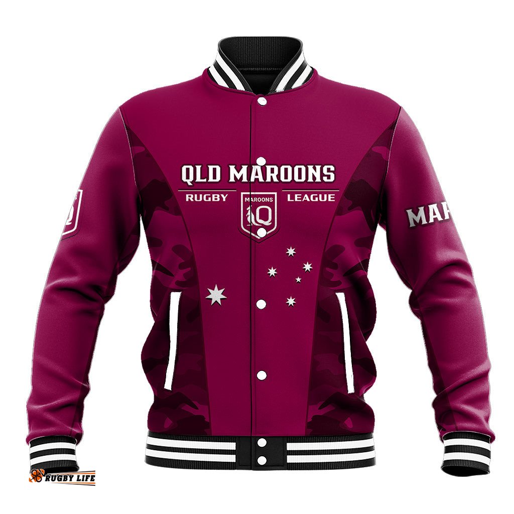 QLD Rugby Baseball Jacket Go Maroons Camouflage Sporty Style