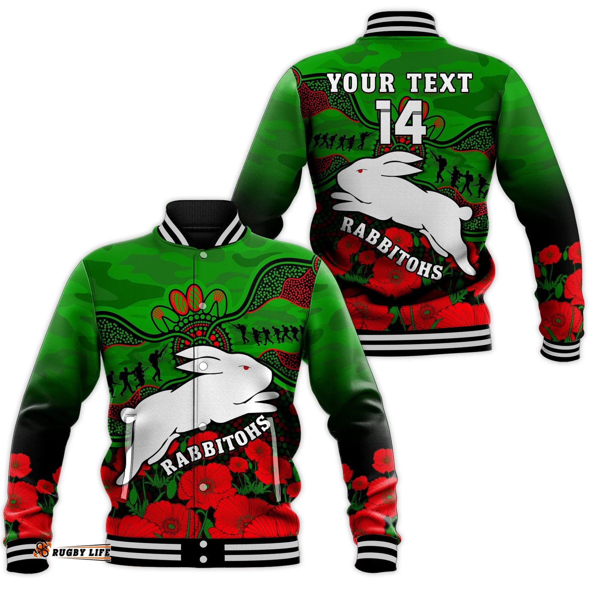 Custom Text And Number Rabbitohs Rugby ANZAC Baseball Jacket South Sydney Camouflage Poppy Aboriginal