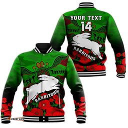 Custom Text And Number Rabbitohs Rugby ANZAC Baseball Jacket South Sydney Camouflage Poppy Aboriginal